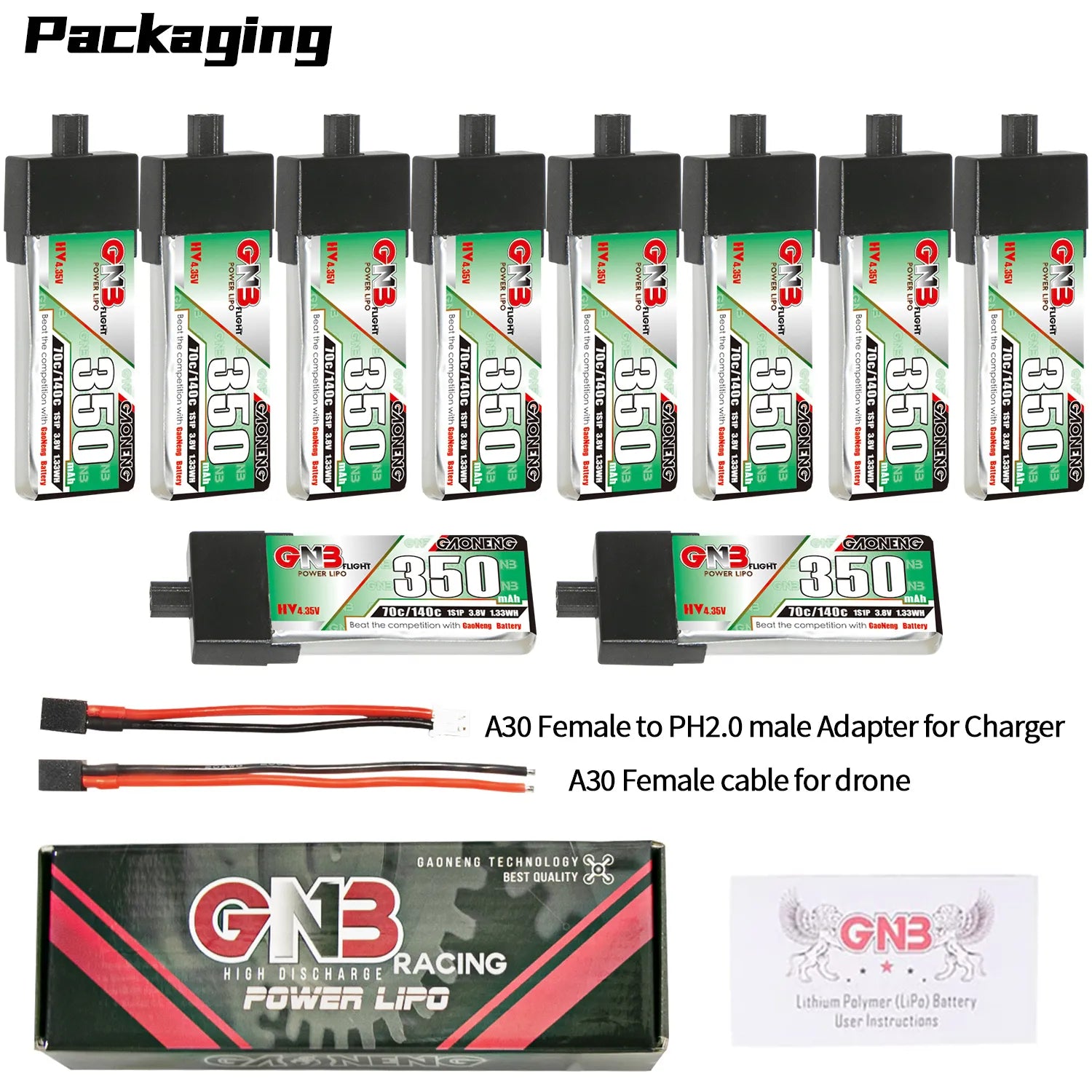 GAONENG GNB LiHV 1S 3.8V 350mAh 70C A30 Plastic Head LiPo Battery [DG]