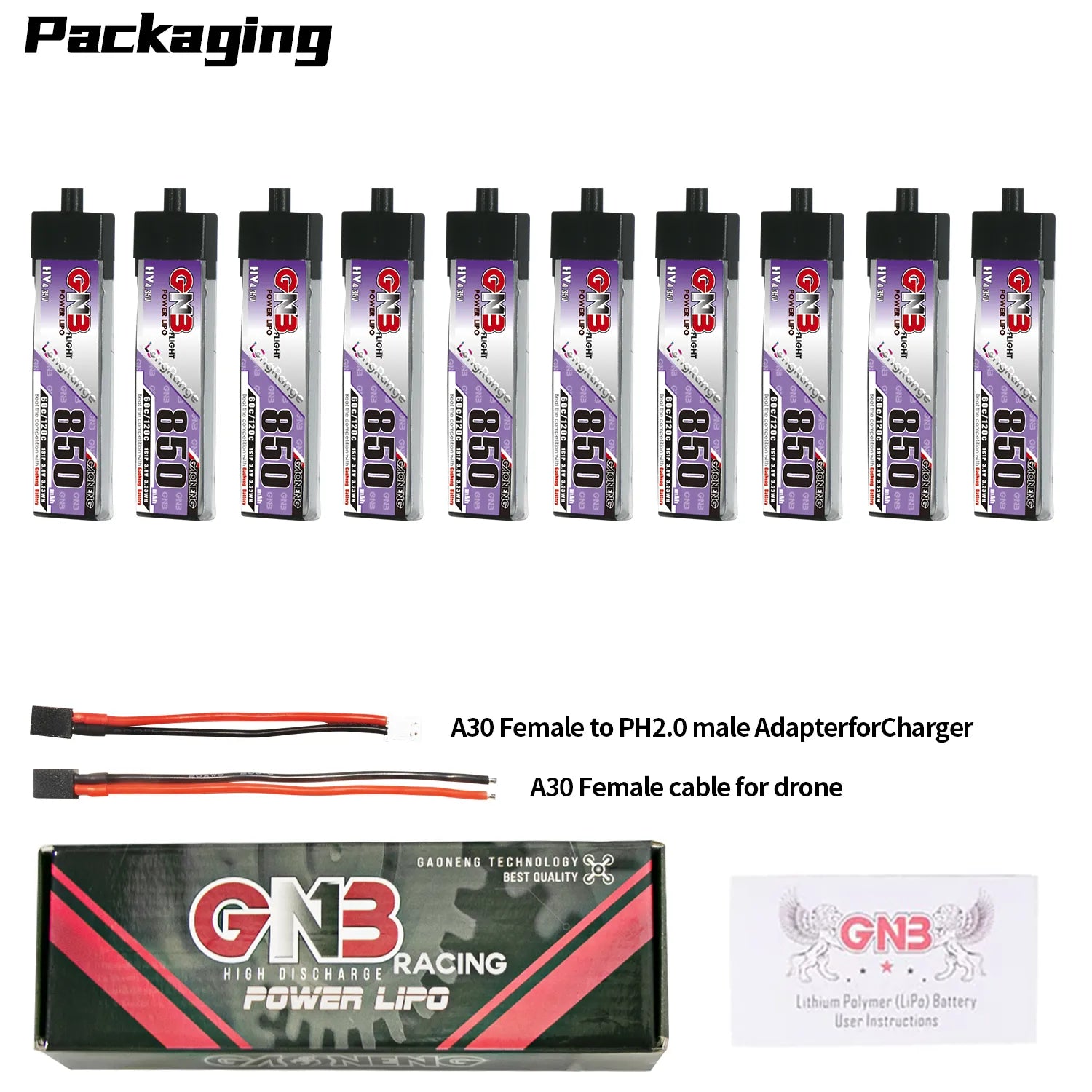 GAONENG GNB LiHV 1S 3.8V 850mAh 60C A30 Plastic Head LiPo Battery Long Range [DG]