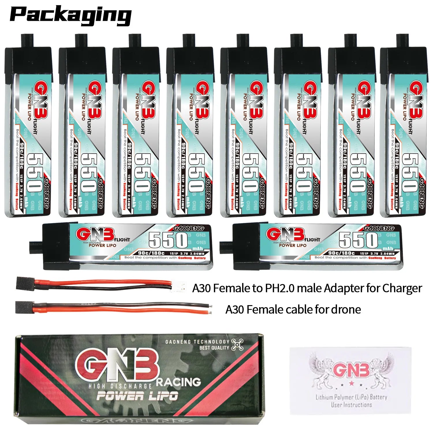 GAONENG GNB 1S 3.7V 550mAh 90C A30 Plastic Head LiPo Battery 4pc [DG]