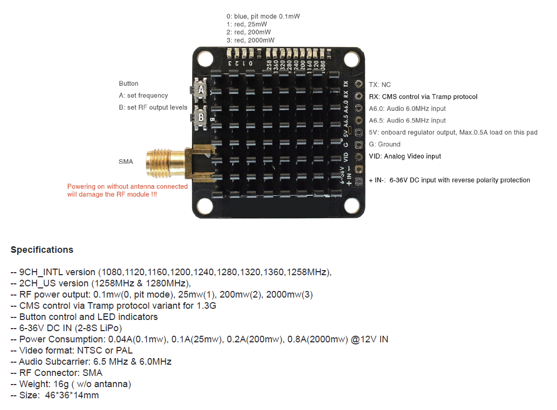 1.3ghz 2w FPV Drone Video Transmitter (International Version)