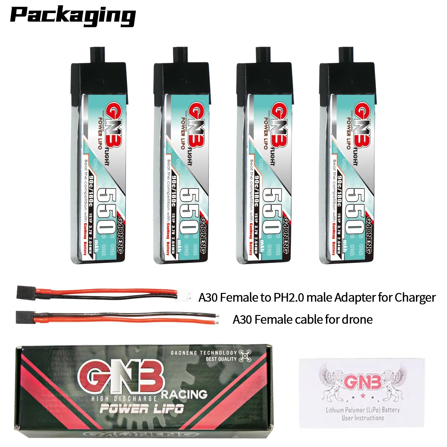 GAONENG GNB 1S 3.7V 550mAh 90C A30 Plastic Head LiPo Battery 4pc [DG]