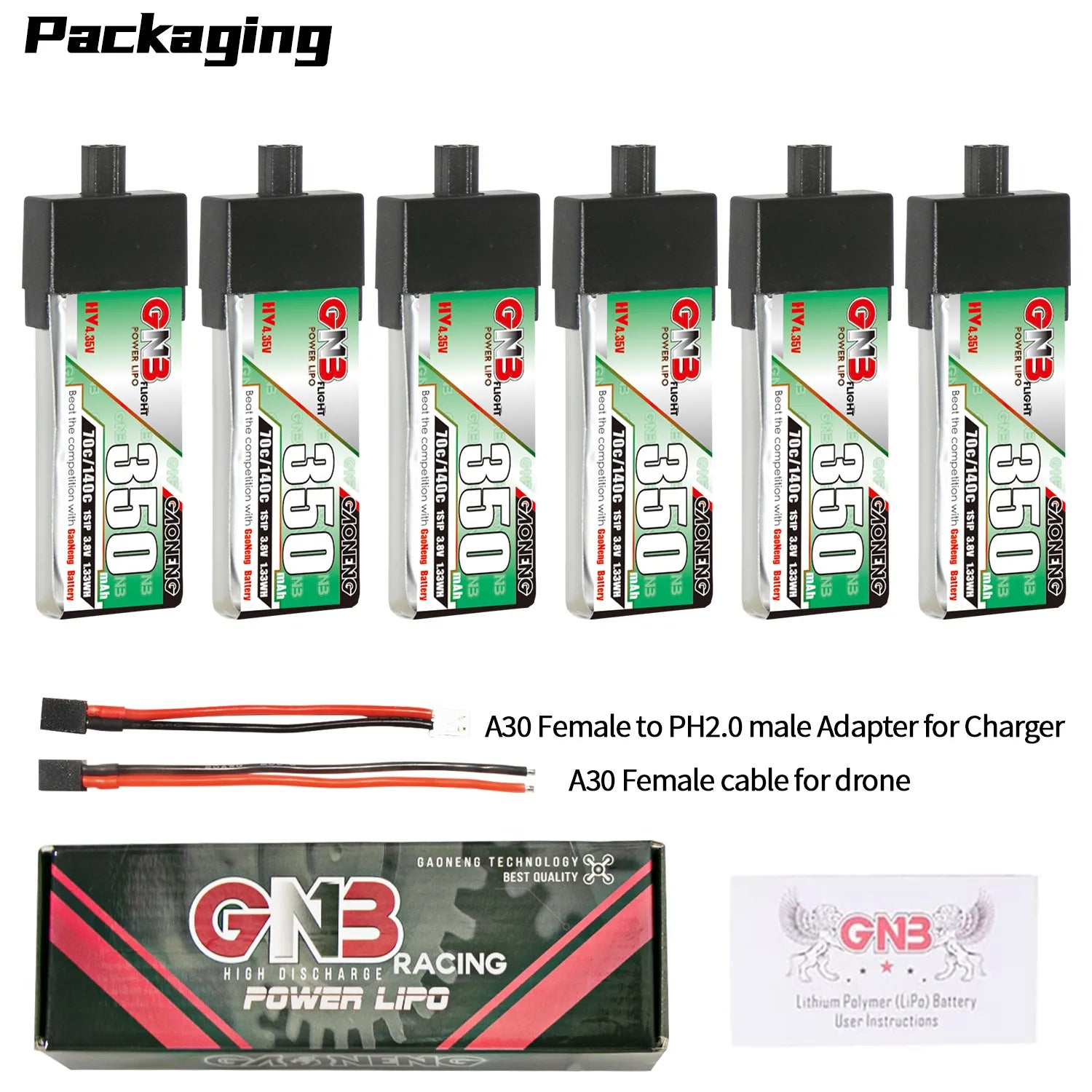 GAONENG GNB LiHV 1S 3.8V 350mAh 70C A30 Plastic Head LiPo Battery [DG]