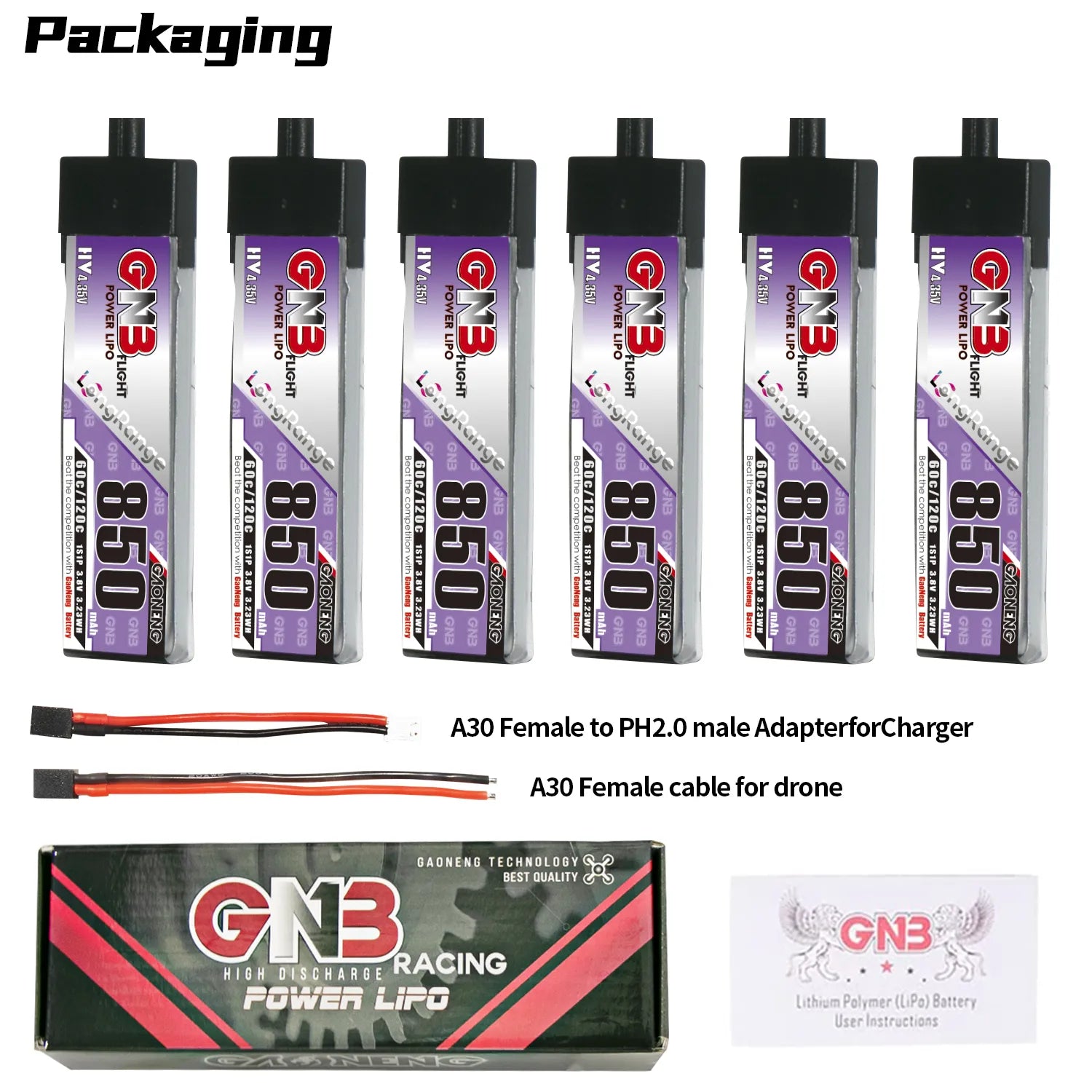 GAONENG GNB LiHV 1S 3.8V 850mAh 60C A30 Plastic Head LiPo Battery Long Range [DG]