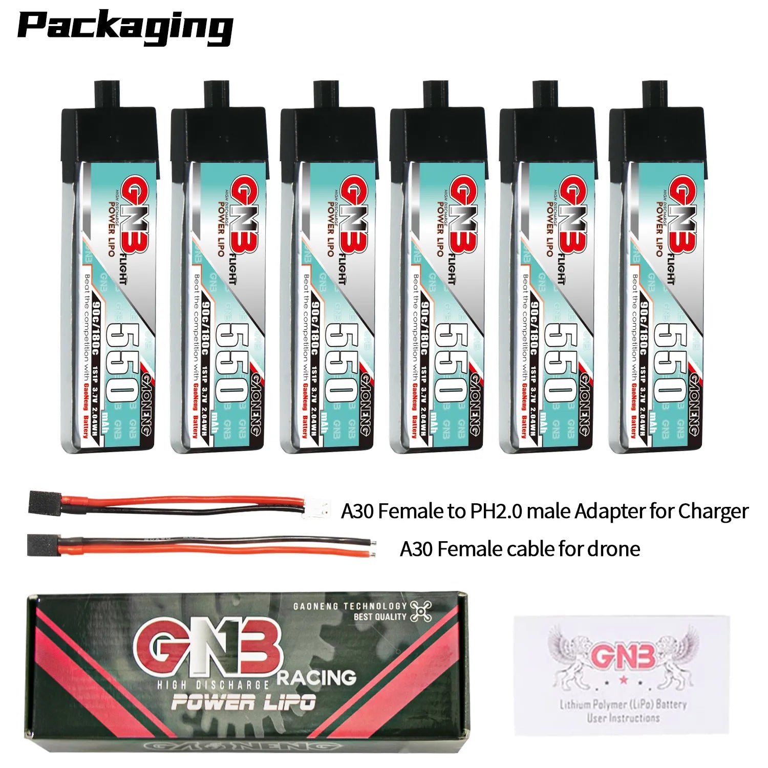 GAONENG GNB 1S 3.7V 550mAh 90C A30 Plastic Head LiPo Battery 4pc [DG]