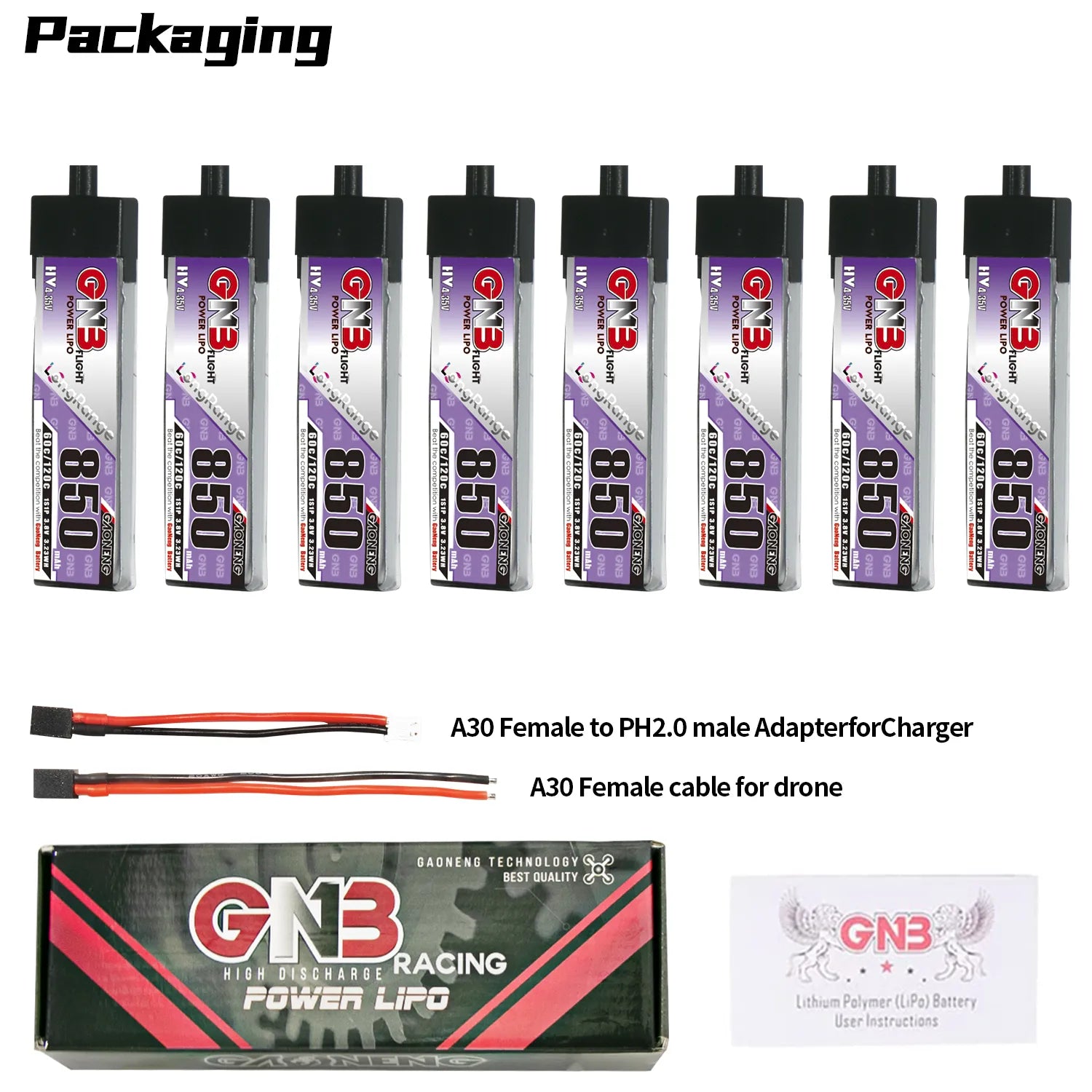 GAONENG GNB LiHV 1S 3.8V 850mAh 60C A30 Plastic Head LiPo Battery Long Range [DG]