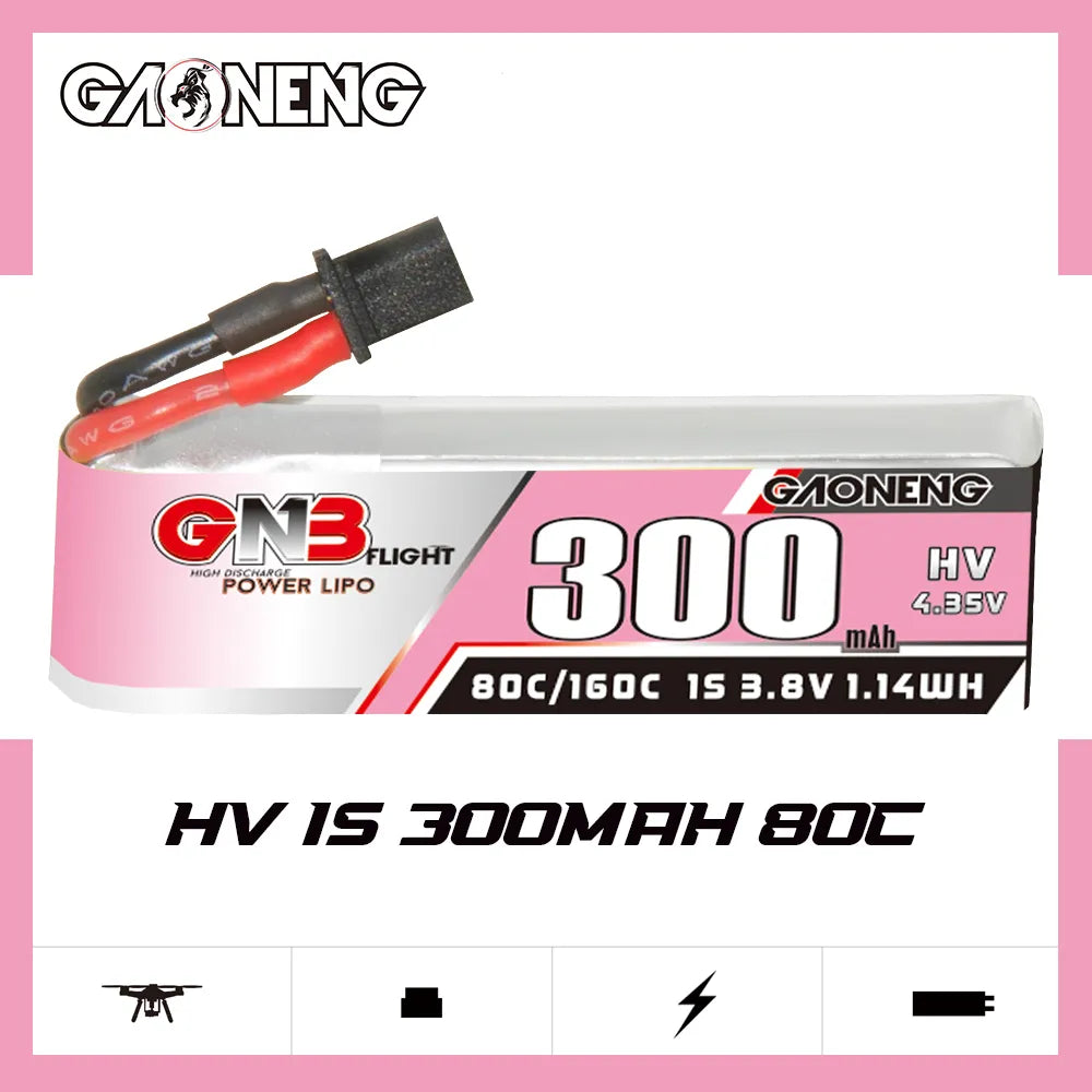 GAONENG GNB LiHV 1S 3.8V 300mAh 80C A30 Cabled LiPo Battery [DG]