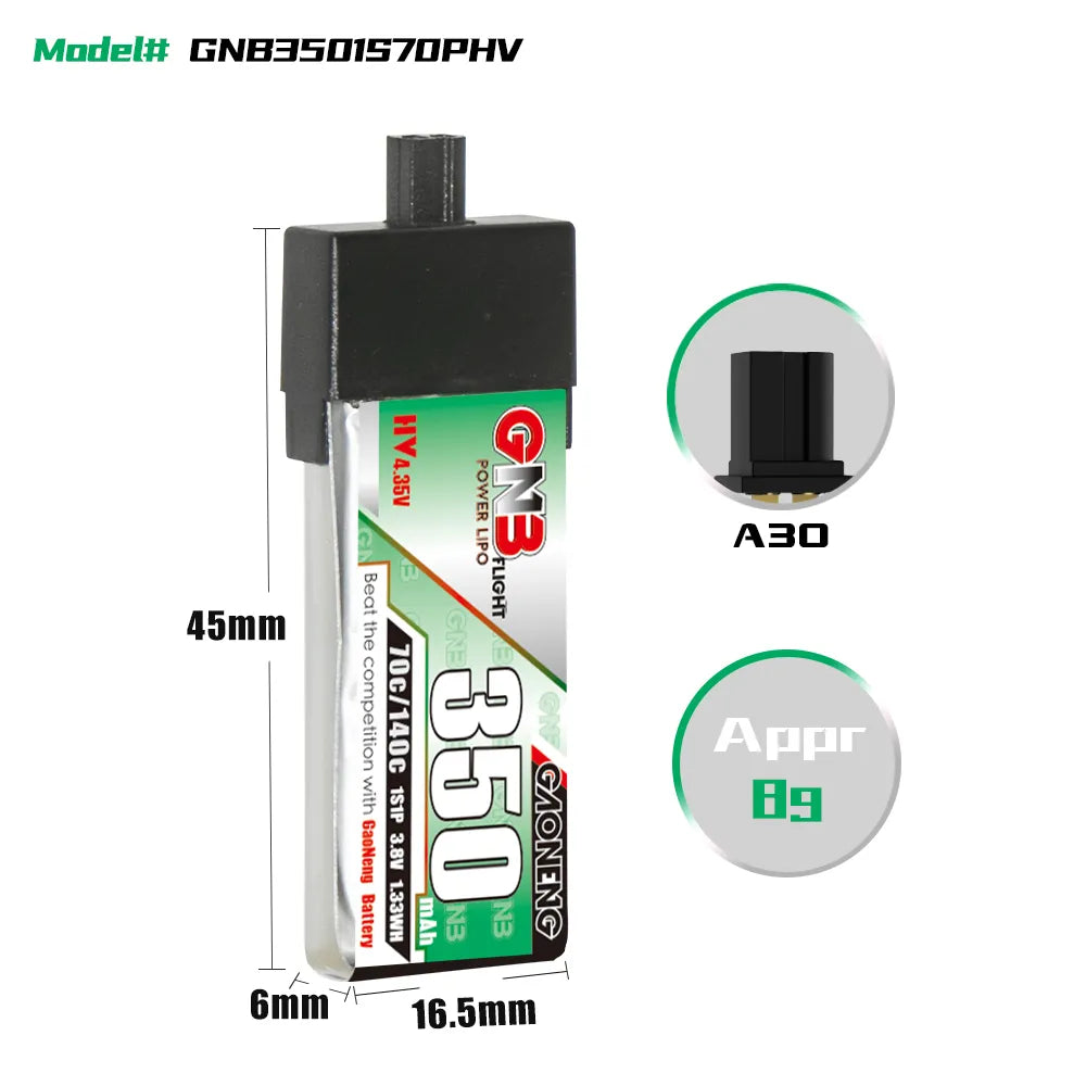 GAONENG GNB LiHV 1S 3.8V 350mAh 70C A30 Plastic Head LiPo Battery [DG]