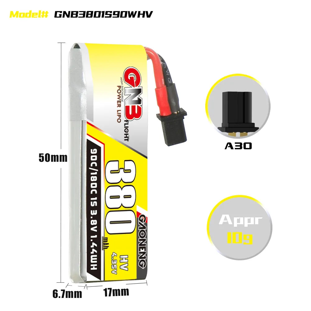 GAONENG GNB LiHV 1S 3.8V 380mAh 90C A30 Cabled LiPo Battery [DG]