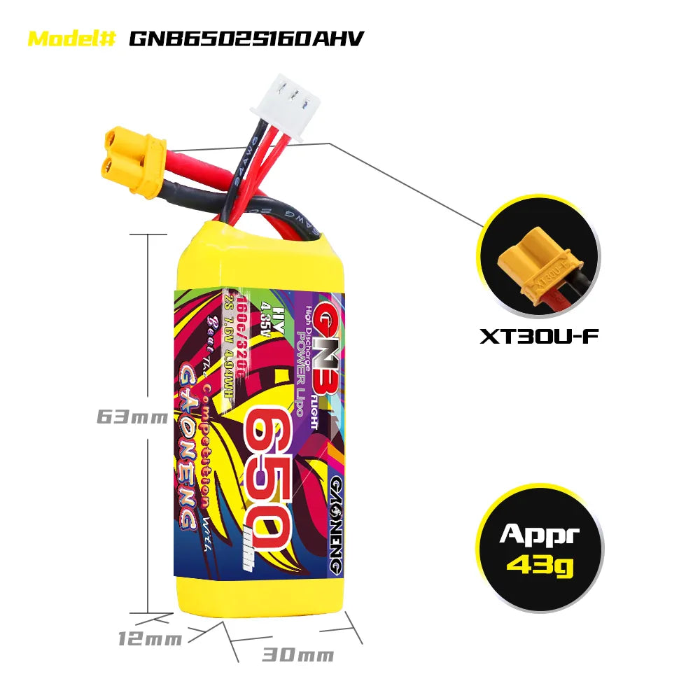 GAONENG GNB LiHV 2S 7.6V 650mAh 160C XT30 LiPo Battery [DG]