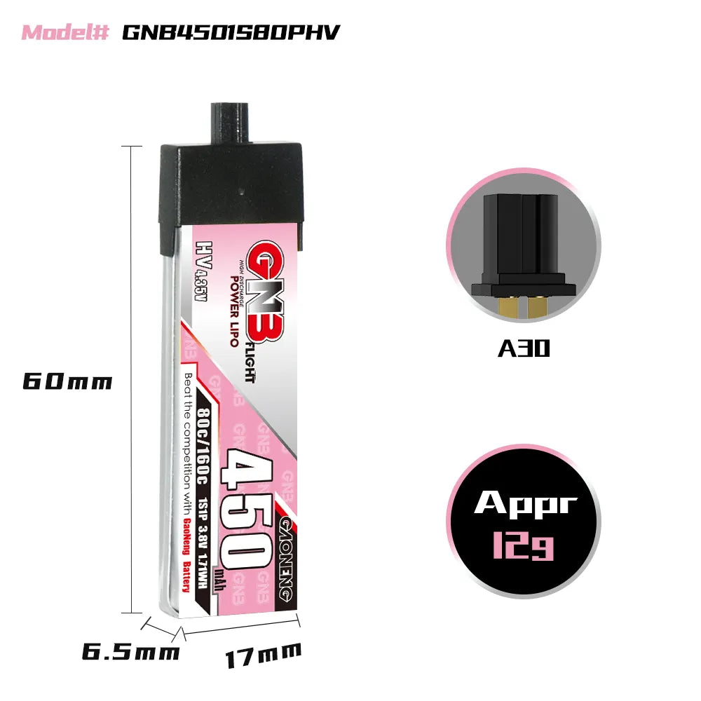 GAONENG GNB LiHV 1S 3.8V 450mAh 80C A30 Plastic Head LiPo Battery [DG]