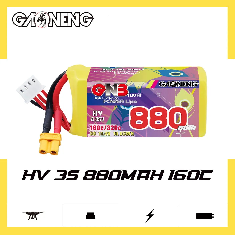 GAONENG GNB LiHV 3S 11.4V 880mAh 160C XT30 LiPo Battery [DG]