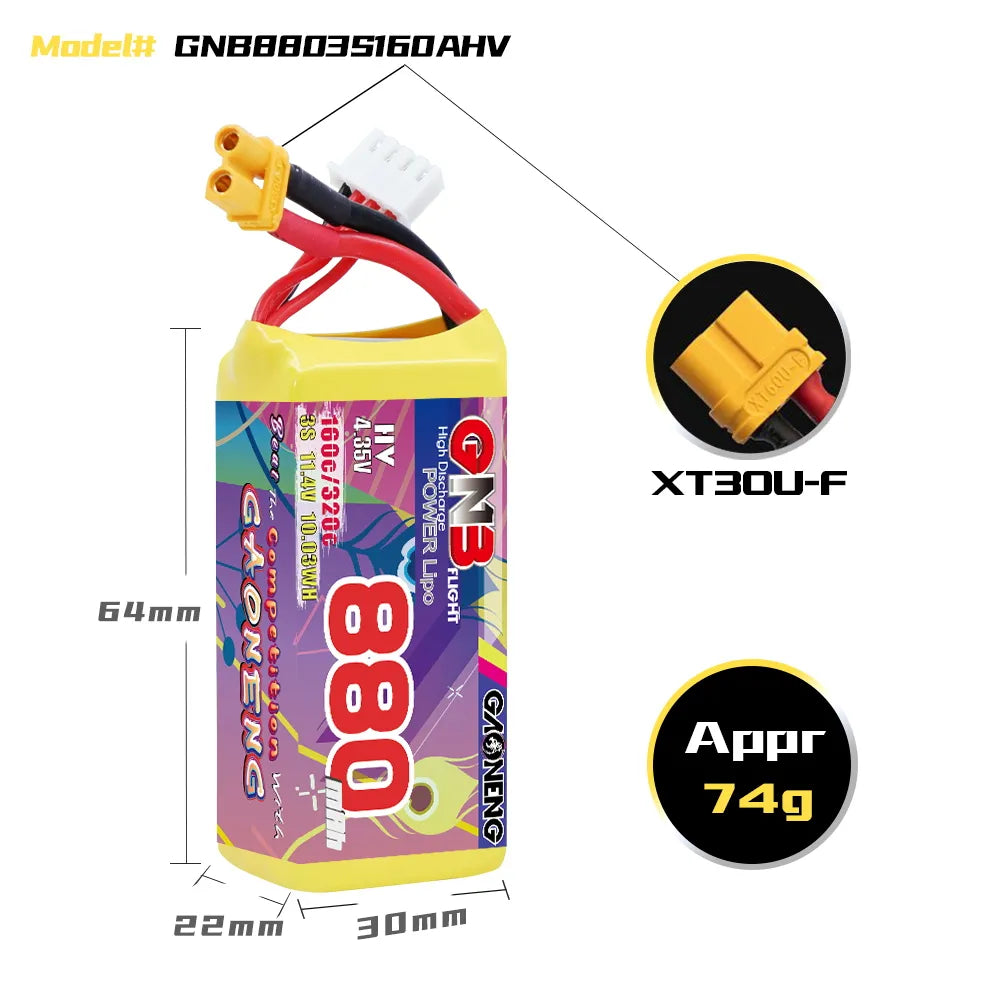 GAONENG GNB LiHV 3S 11.4V 880mAh 160C XT30 LiPo Battery [DG]