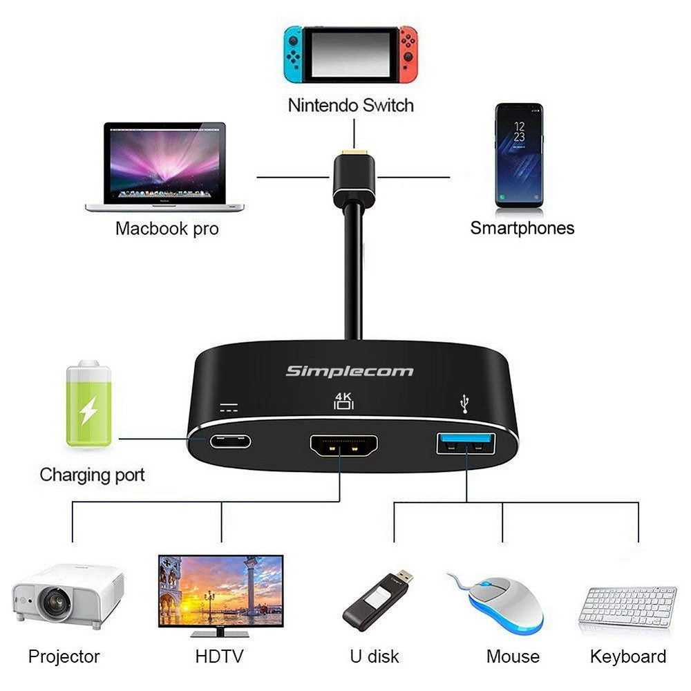 Simplecom DA310 USB 3.1 Type C to HDMI USB 3.0 Adapter with PD Charging (Support DP Alt Mode and Nintendo Switch) [PC]