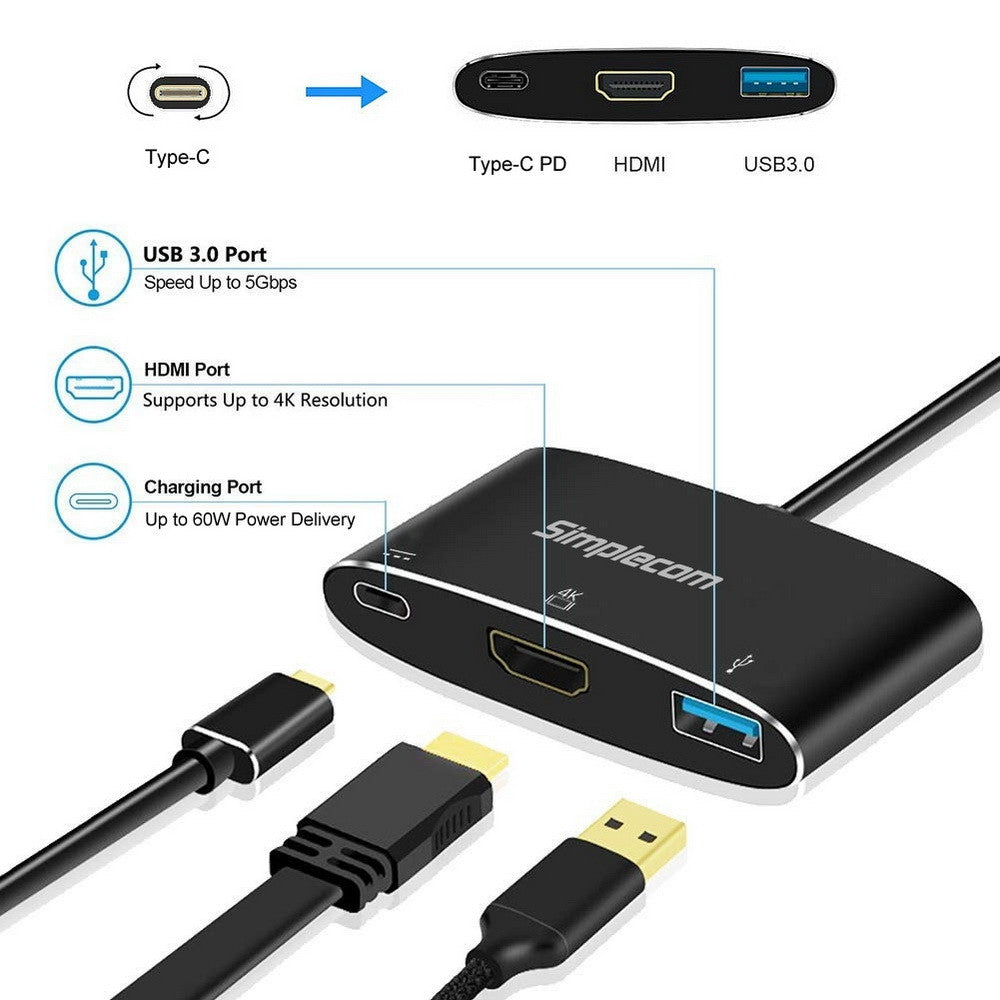 Simplecom DA310 USB 3.1 Type C to HDMI USB 3.0 Adapter with PD Charging (Support DP Alt Mode and Nintendo Switch) [PC]