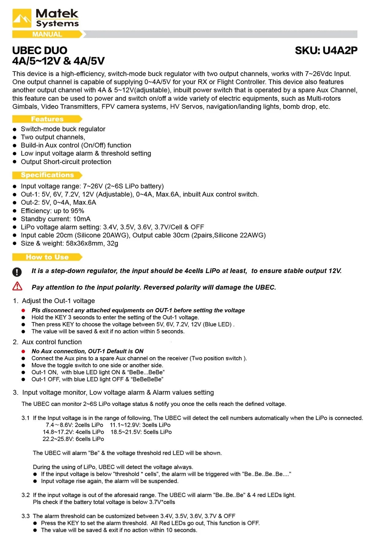Matek UBEC DUO, 4A/5~12V & 4A/5V